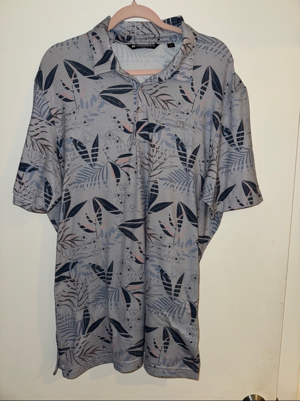 TravisMathew Light Gray Polo with Navy & Pale Pink Leaf Print